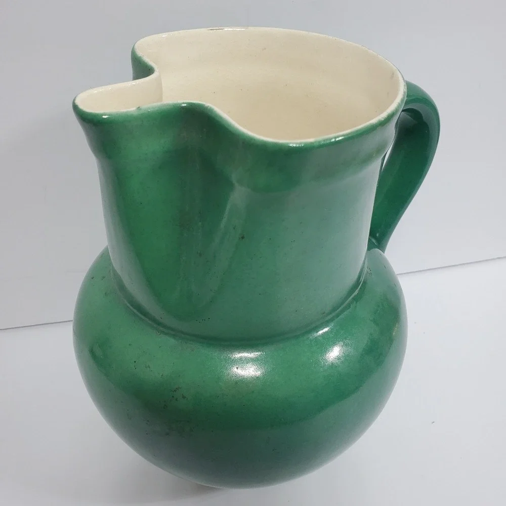 VTG Erphila Art Pottery Pitcher‎ Green Ceramic Czechoslovakia 7 in Tall See Flaw